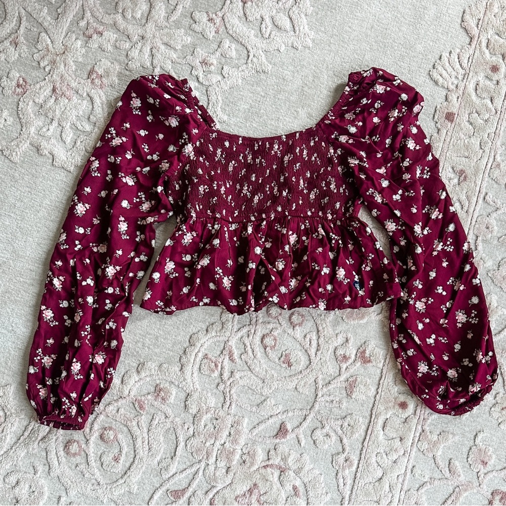 Hollister Floral Burgundy Smocked Women's Top XS